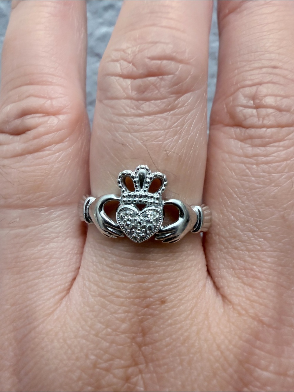 10k Solid Gold Claddagh Diamond Ring with Crown and Heart Detail White Gold Ring